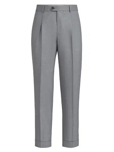 Brunello Cucinelli Men's Virgin Wool and Silk Lightweight Hopsack Trousers with Pleats - Grey - Size 44 | Thumbnail 1