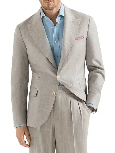 Brunello Cucinelli Men's Cashmere and Silk Chevron Deconstructed Blazer with Peak Lapels - Light Grey - Size 48 | Thumbnail 1 Brunello Cucinelli Men's Cashmere and Silk Chevron Deconstructed Blazer with Peak Lapels - Light Grey - Size 48 | Thumbnail 1