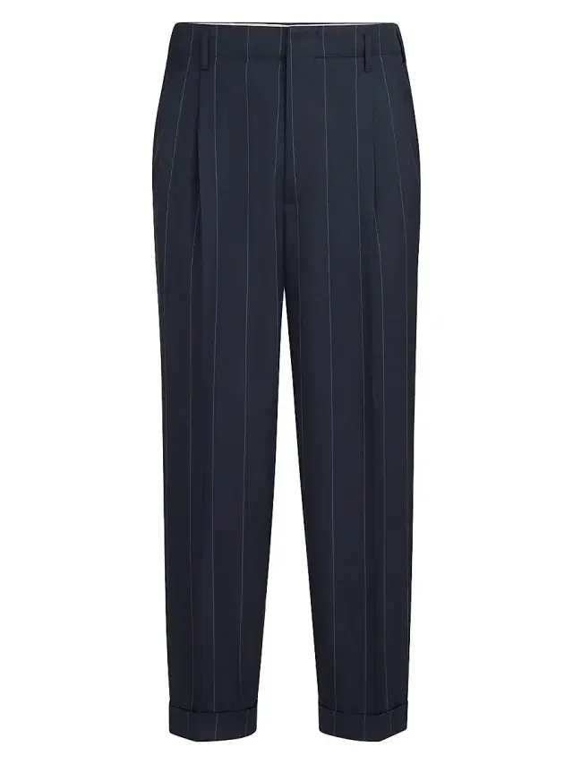 Brunello Cucinelli Men's Virgin Wool Chalk Stripe Trousers with Double Pleats - Navy Blue