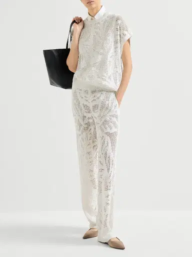 Brunello Cucinelli Women's Linen and Cotton Dazzling Water Lillies Knit Track Trousers - White | Thumbnail 6 Brunello Cucinelli Women's Linen and Cotton Dazzling Water Lillies Knit Track Trousers - White | Thumbnail 6