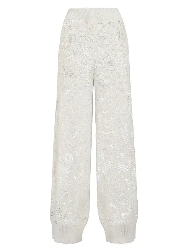 Brunello Cucinelli Women's Linen and Cotton Dazzling Water Lillies Knit Track Trousers - White