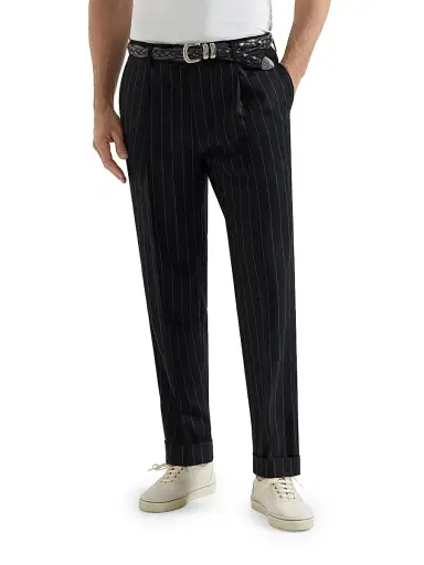 Brunello Cucinelli Men's Super 150s Virgin Wool Wide Chalk Stripe Batavia Trousers with Pleats - Black - Size 46 | Thumbnail 2