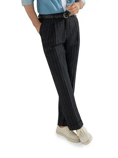 Brunello Cucinelli Men's Super 150s Virgin Wool Wide Chalk Stripe Batavia Trousers with Pleats - Black - Size 46 | Thumbnail 3