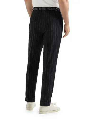 Brunello Cucinelli Men's Super 150s Virgin Wool Wide Chalk Stripe Batavia Trousers with Pleats - Black - Size 46 | Thumbnail 4