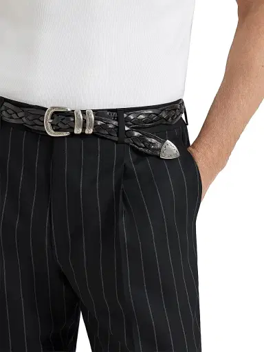 Brunello Cucinelli Men's Super 150s Virgin Wool Wide Chalk Stripe Batavia Trousers with Pleats - Black - Size 46 | Thumbnail 5