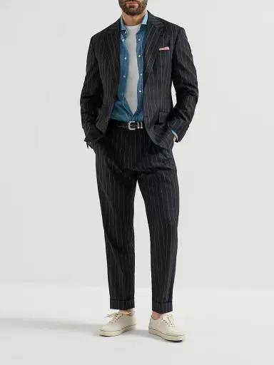 Brunello Cucinelli Men's Super 150s Virgin Wool Wide Chalk Stripe Batavia Trousers with Pleats - Black - Size 46 | Thumbnail 6
