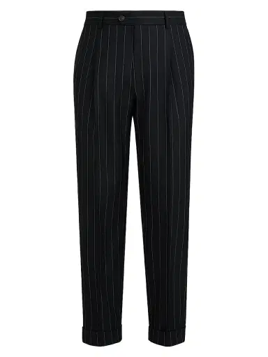 Brunello Cucinelli Men's Super 150s Virgin Wool Wide Chalk Stripe Batavia Trousers with Pleats - Black - Size 46 | Thumbnail 1