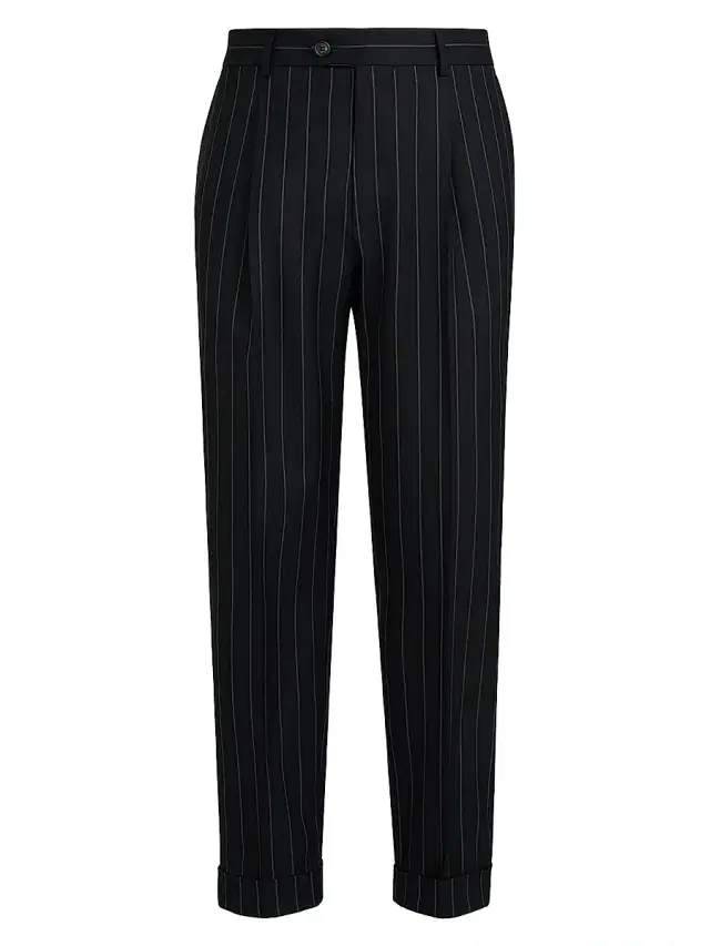Brunello Cucinelli Men's Super 150s Virgin Wool Wide Chalk Stripe Batavia Trousers with Pleats - Black