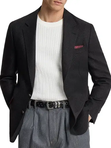 Brunello Cucinelli Men's Silk, Linen and Wool Hopsack Deconstructed Blazer - Black - Size 44 | Thumbnail 4 Brunello Cucinelli Men's Silk, Linen and Wool Hopsack Deconstructed Blazer - Black - Size 44 | Thumbnail 4