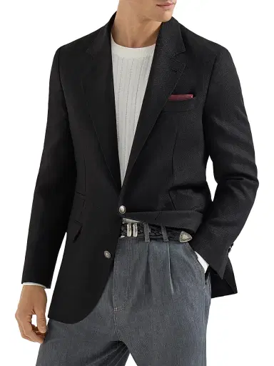 Brunello Cucinelli Men's Silk, Linen and Wool Hopsack Deconstructed Blazer - Black - Size 44 | Thumbnail 1 Brunello Cucinelli Men's Silk, Linen and Wool Hopsack Deconstructed Blazer - Black - Size 44 | Thumbnail 1