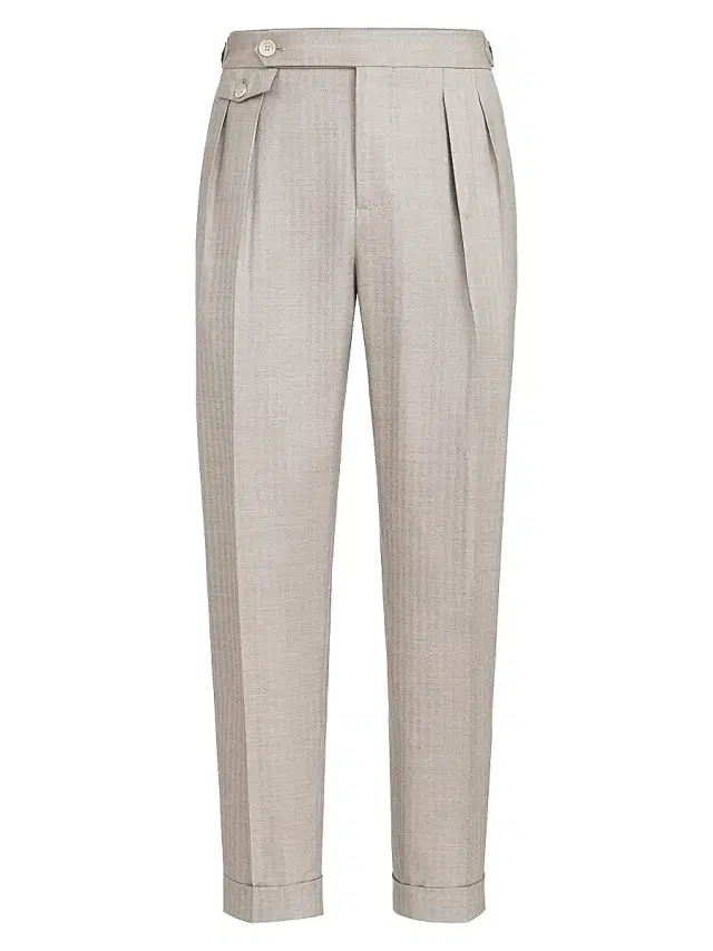 Brunello Cucinelli Men's Cashmere and Silk Chevron Trousers with Double Pleats and Waist Tabs - Light Grey