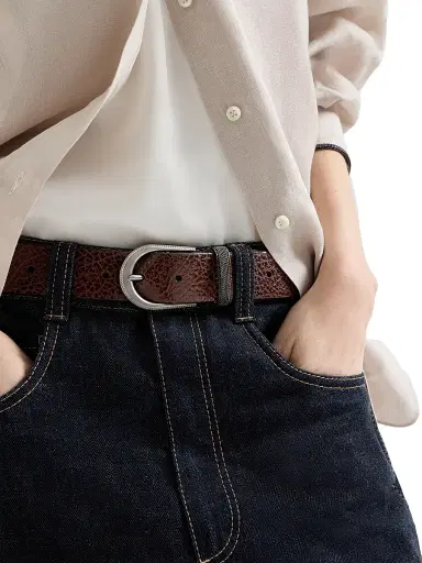 Brunello Cucinelli Women's Glossy Hammered Calfskin Belt with Monili - Brown | Thumbnail 2