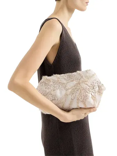 Brunello Cucinelli Women's Silk Organza Pouch with Dazzling Seabed Embroidery - Beige | Thumbnail 2 Brunello Cucinelli Women's Silk Organza Pouch with Dazzling Seabed Embroidery - Beige | Thumbnail 2