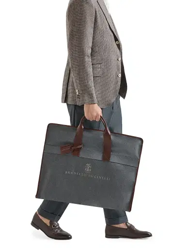 Brunello Cucinelli Men's Techno Fabric and Calfskin Suit Holder - Anthracite | Thumbnail 2 Brunello Cucinelli Men's Techno Fabric and Calfskin Suit Holder - Anthracite | Thumbnail 2