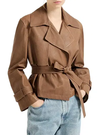 Brunello Cucinelli Women's Vintage Nappa Leather Cropped Trench Coat - Brown | Thumbnail 2