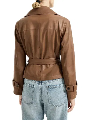 Brunello Cucinelli Women's Vintage Nappa Leather Cropped Trench Coat - Brown | Thumbnail 3