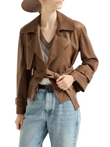 Brunello Cucinelli Women's Vintage Nappa Leather Cropped Trench Coat - Brown | Thumbnail 5