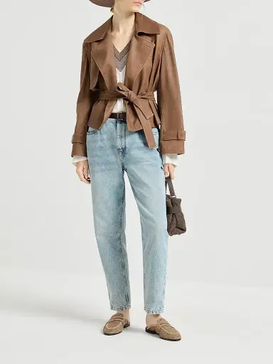 Brunello Cucinelli Women's Vintage Nappa Leather Cropped Trench Coat - Brown | Thumbnail 6