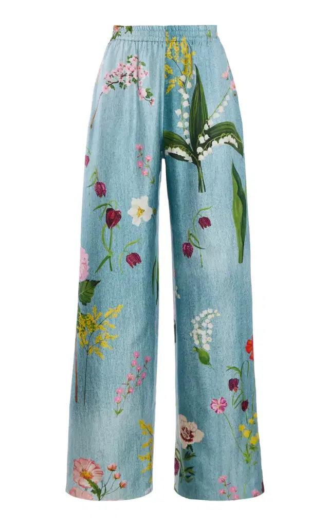 Oscar de la Renta Mixed Botanical Silk-Twill Wide-Leg Pants