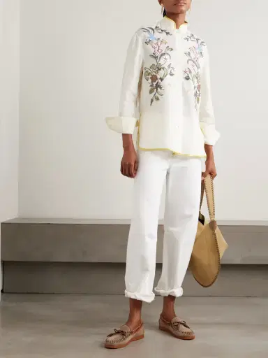 Valentino Garavani Silk-trimmed Embroidered Linen Shirt | Thumbnail 2 Valentino Garavani Silk-trimmed Embroidered Linen Shirt | Thumbnail 2