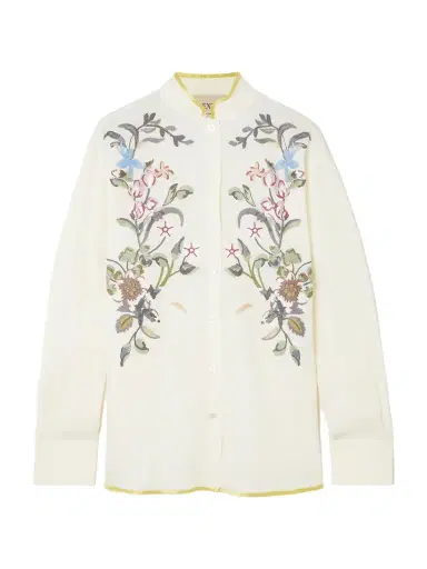 Valentino Garavani Silk-trimmed Embroidered Linen Shirt | Thumbnail 1 Valentino Garavani Silk-trimmed Embroidered Linen Shirt | Thumbnail 1