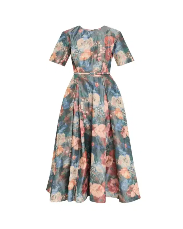 Short-Sleeve Floral Taffeta Belted Midi Cocktail Dress