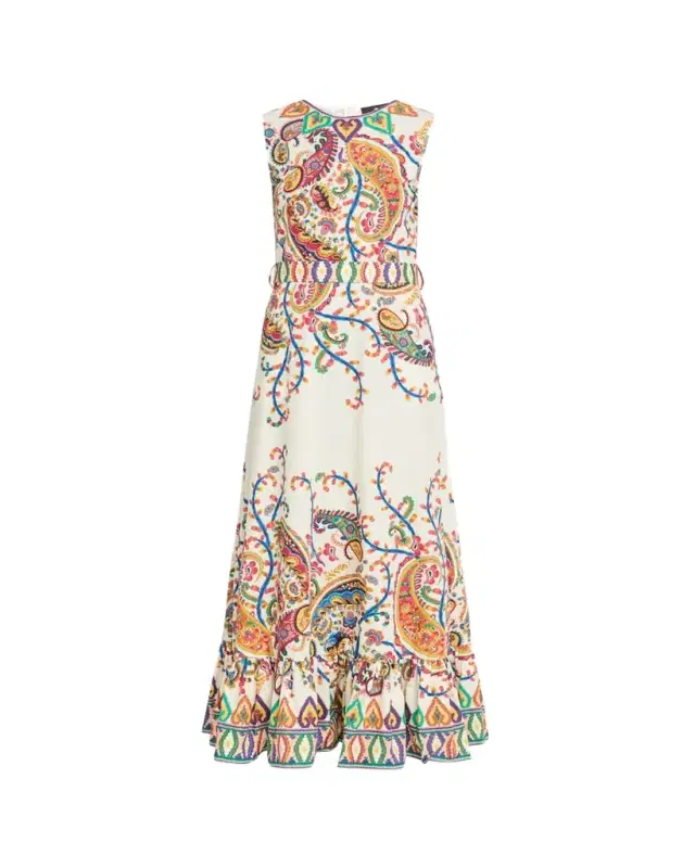Paisley-Print Sleeveless Belted Maxi A-Line Dress