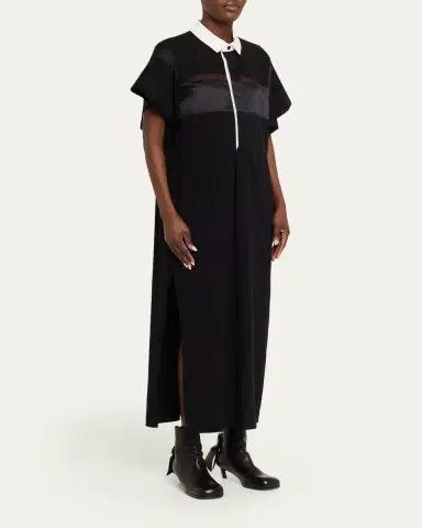 sacai Satin-Inset Cotton Jersey Short-Sleeve Maxi Polo Dress | Thumbnail 4 sacai Satin-Inset Cotton Jersey Short-Sleeve Maxi Polo Dress | Thumbnail 4