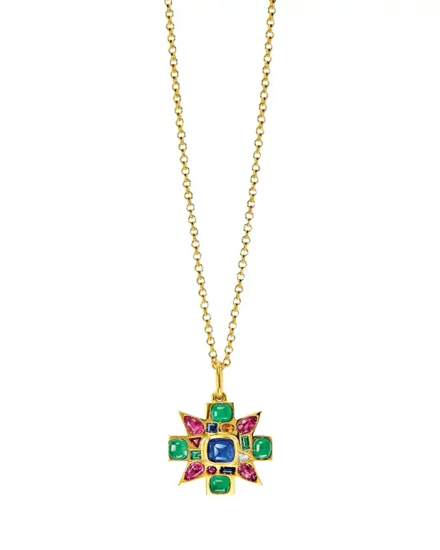 Verdura 18K Yellow Gold Sapphire and Emerald Mini Byzantine Pendant Necklace