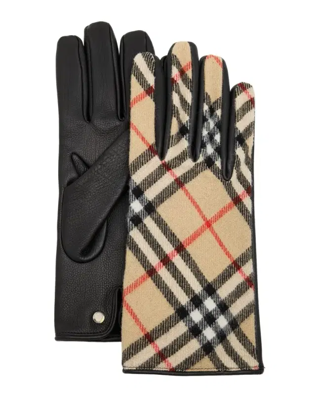 Men 's Check Wool and Cashmere Gloves with Leather