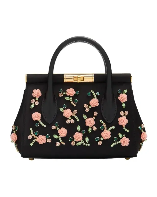 Floral Beaded Satin Top-Handle Bag