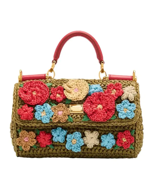 Dolce & Gabbana Floral Applique Crochet Faux Raffia Top-Handle Bag