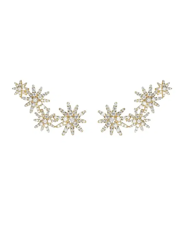 Starburst Full Pave Climber Earrings with Diamonds in 18K Gold, 26mm