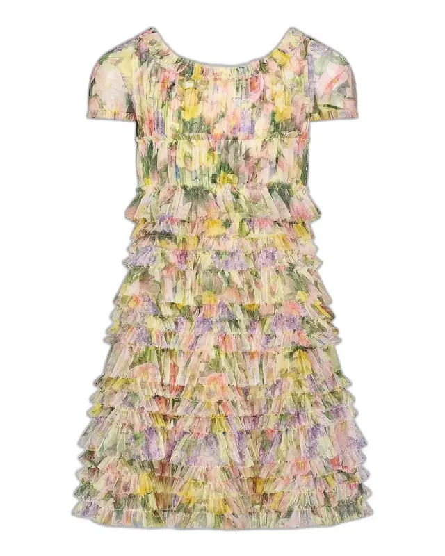 Girl 's Tiered Ruffle Floral Mesh Dress, Size 2-14