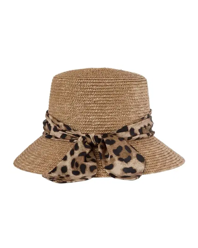 Eugenia Kim Ramona Straw Bucket Hat with Leopard-Print Bow