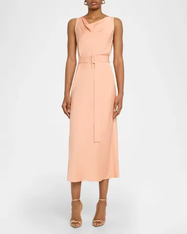 LAPOINTE Lightweight Satin Cowl-Neck Belted Midi Dress | Thumbnail 2
