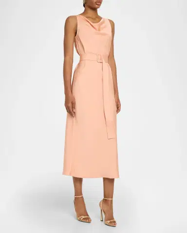LAPOINTE Lightweight Satin Cowl-Neck Belted Midi Dress | Thumbnail 4