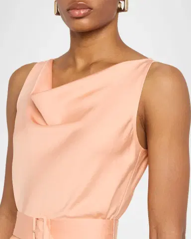 LAPOINTE Lightweight Satin Cowl-Neck Belted Midi Dress | Thumbnail 5