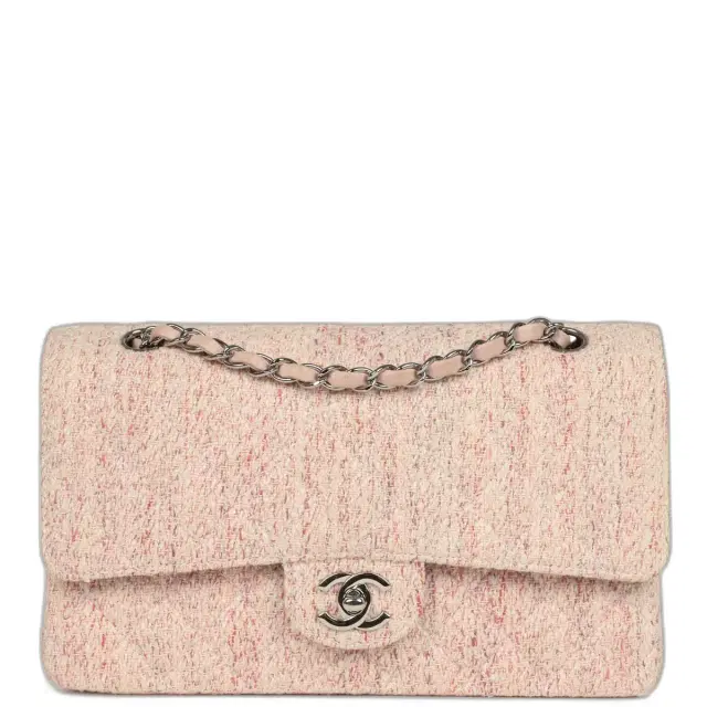 Chanel Vintage Chanel Medium Classic Double Flap Bag Light Pink and White Tweed Silver Hardware