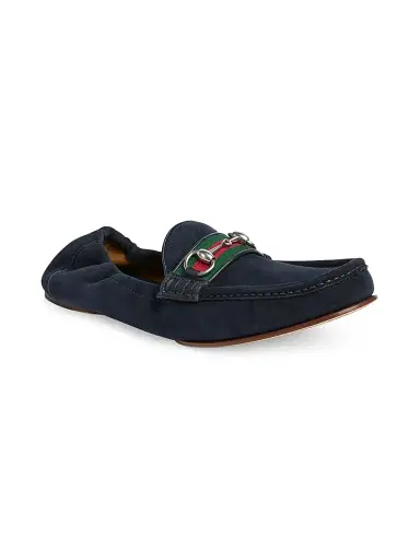 Gucci Men's Horsebit Web Suede Moccasin Loafers - Midnight Blue - Size 15 | Thumbnail 2