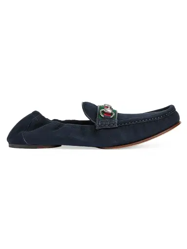 Gucci Men's Horsebit Web Suede Moccasin Loafers - Midnight Blue - Size 15 | Thumbnail 1