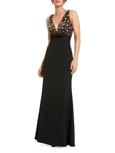Mac Duggal Women's Petite Embellished Crepe V-Neck Gown - Black - Size Petite 12 | Thumbnail 1