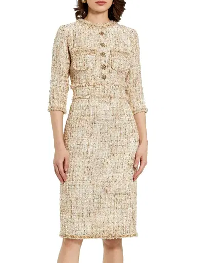 Mac Duggal Women's Petite Embellished Tweed Round-Neck Midi-Dress - Blush - Size Petite 12 | Thumbnail 1