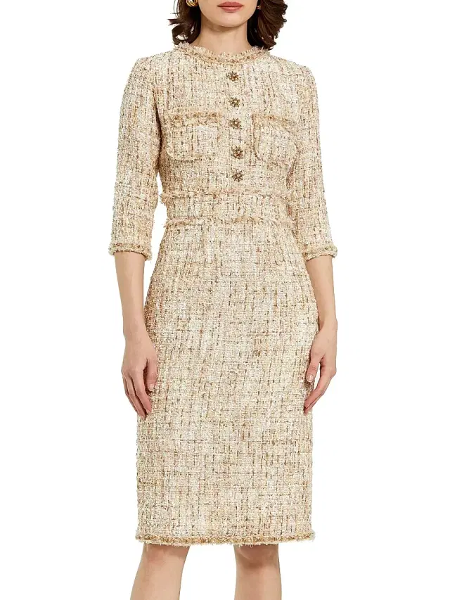 Mac Duggal Women's Petite Embellished Tweed Round-Neck Midi-Dress - Blush Petite 12