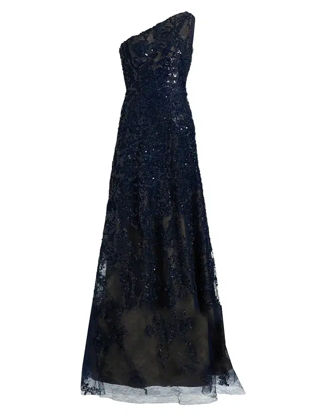 Rene Ruiz Collection Women's Embellished Tulle One-Shoulder A-Line Gown - Navy