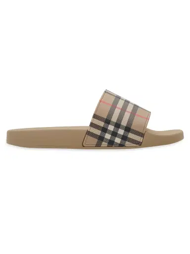 Burberry Men's Furley Check Slide Sandals - Beige | Thumbnail 1 Burberry Men's Furley Check Slide Sandals - Beige | Thumbnail 1