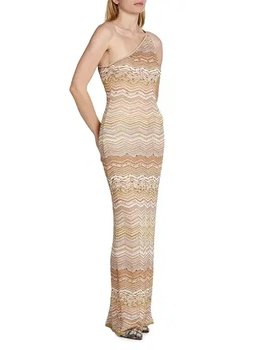Missoni Women's Chevron One-Shoulder Maxi Dress - Light Gold - Size 12 | Thumbnail 3