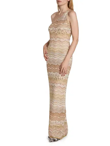 Missoni Women's Chevron One-Shoulder Maxi Dress - Light Gold - Size 12 | Thumbnail 4