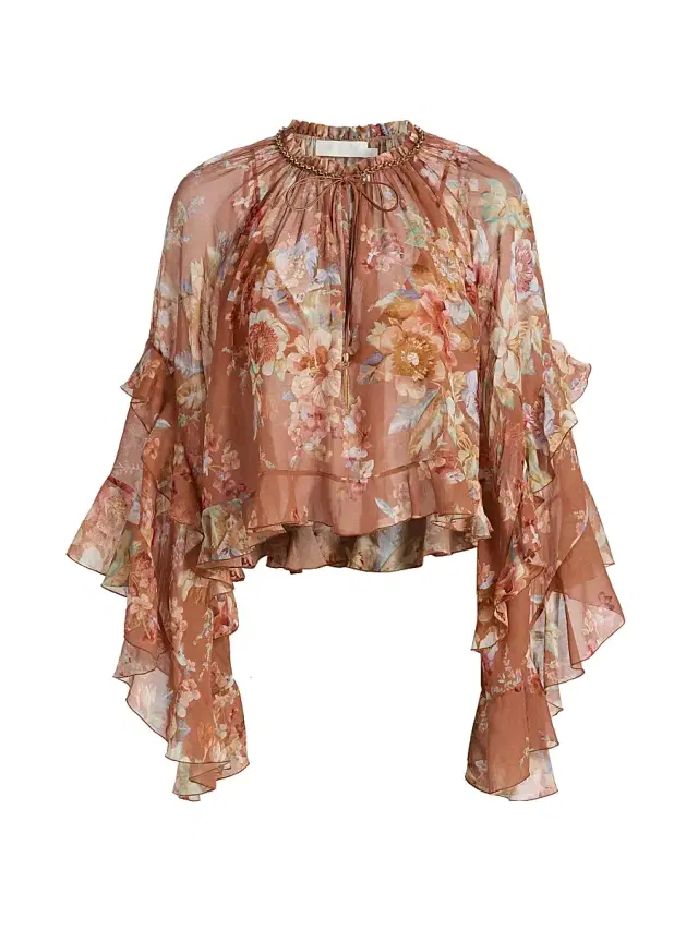 Zimmermann Women's Awaken Floral Cotton-Silk Chiffon Ruffle Blouse - Cinnamon Floral