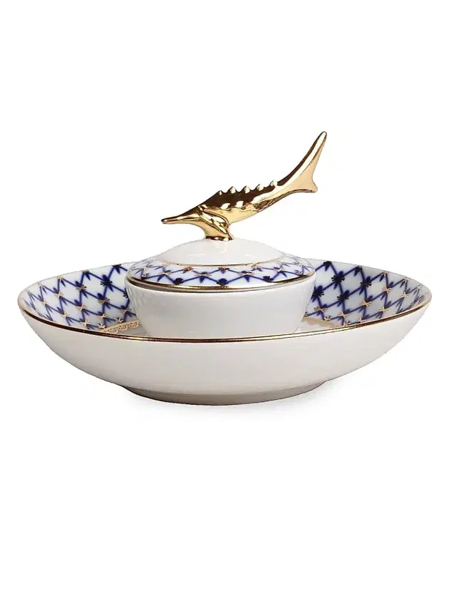 Imperial Porcelain Cobalt Net Caviar Dish - White Blue